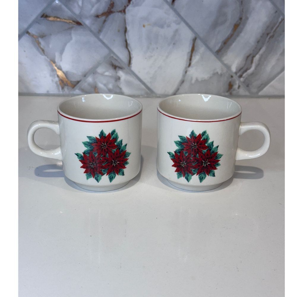 Lorraine's Classic Poinsettia Coffee Mug‎ Tea Cup - Set of 2